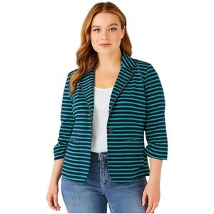 Striped Blazer Stretchy Size 6 Navy Green One Button Career Travel Office NEW